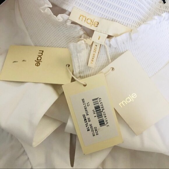 MAJE Blouse S NWT Libou Popeline Victorian Smocked Batwing Ecru White Luxury - Picture 8 of 16